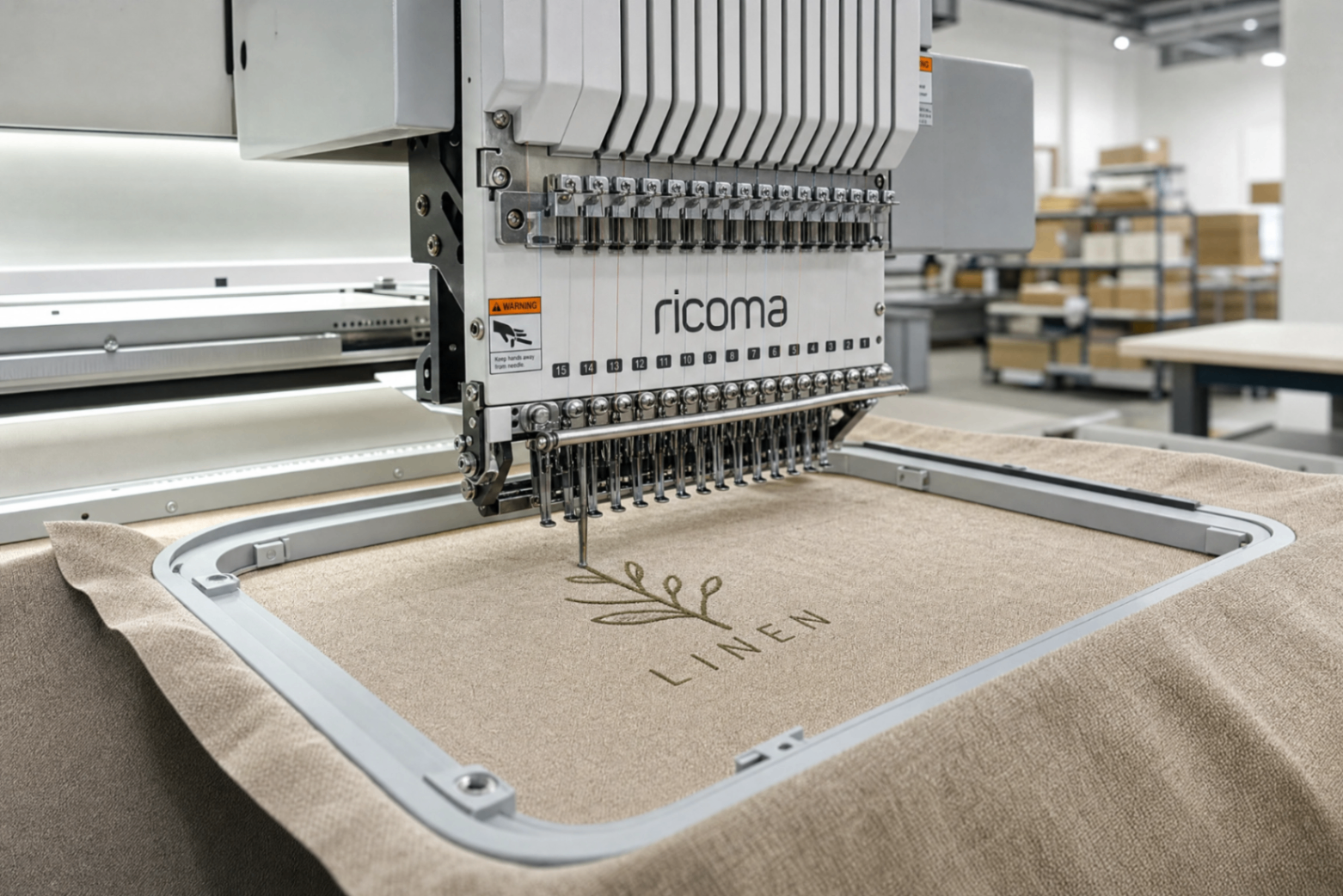 Embroidery and logo application on linen textile